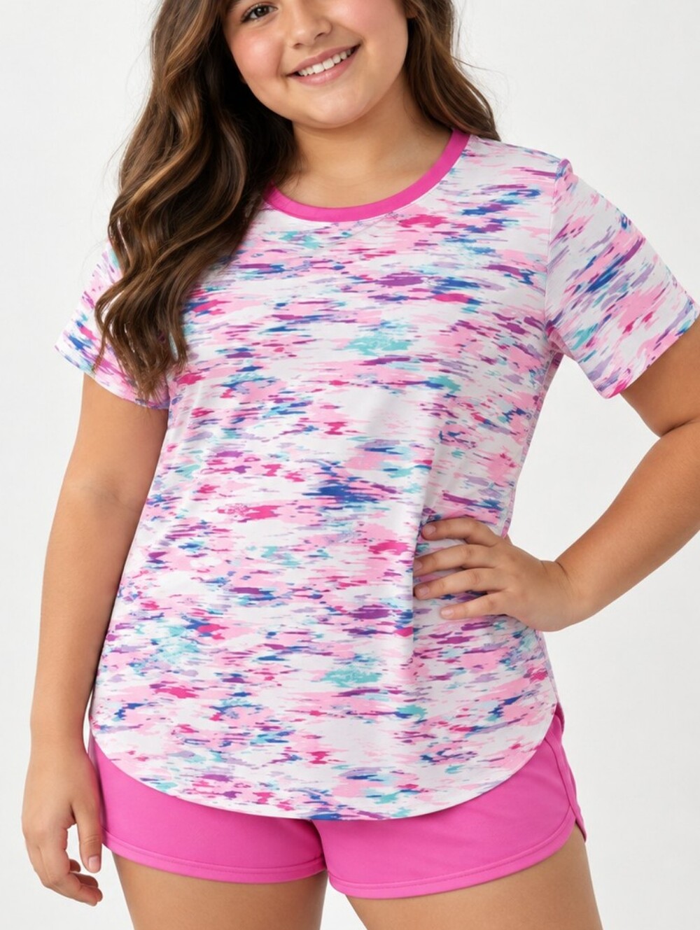 Lands' End Kids Short Sleeve Active Curved Hem Tee X-Large PlusPink Multi EUC